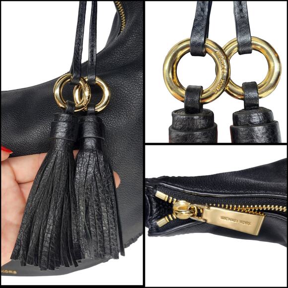 Michael Kors Handbag Purse Black Leather Gold Tassel Fringe Crescent Shoulder - Picture 6 of 13